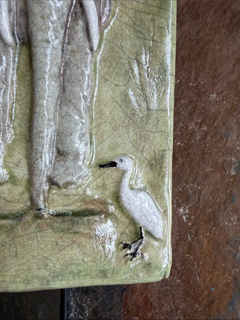 Vintage Signed Newcomb Ceramic Elephant Relief tile with Egret - Green Gray